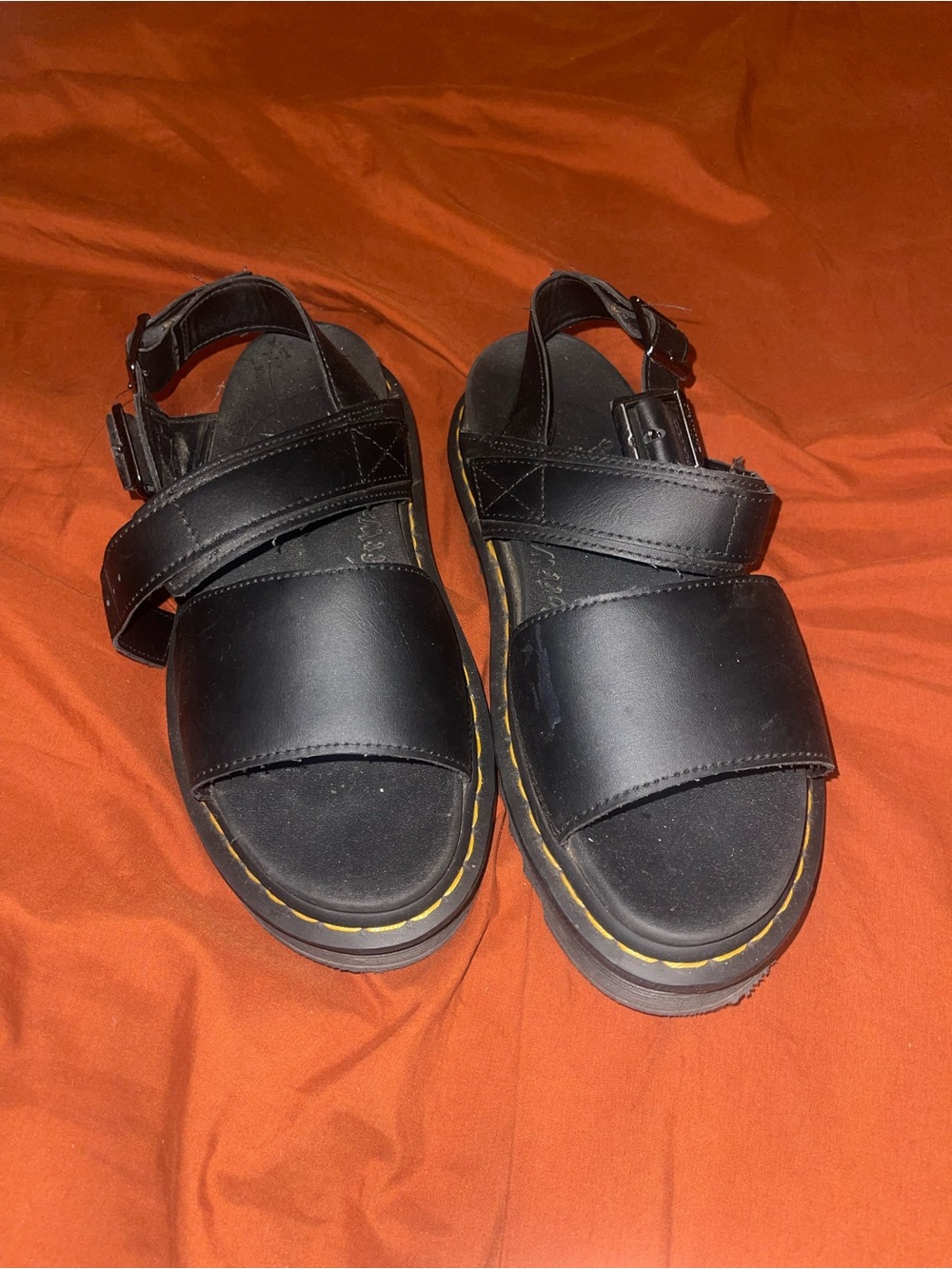 Dr. Martens Black Leather Platform Sandals with Yellow Stitching